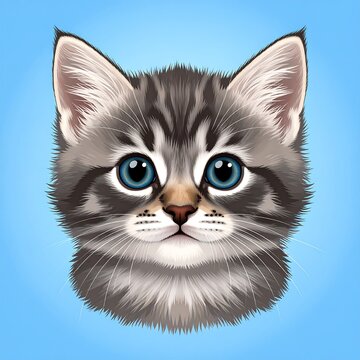 A digital illustration of a cute gray kitten with blue eyes (1)