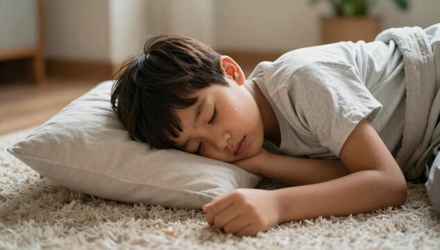 Young boy peacefully sleeping on a pillow on a soft rug indoors