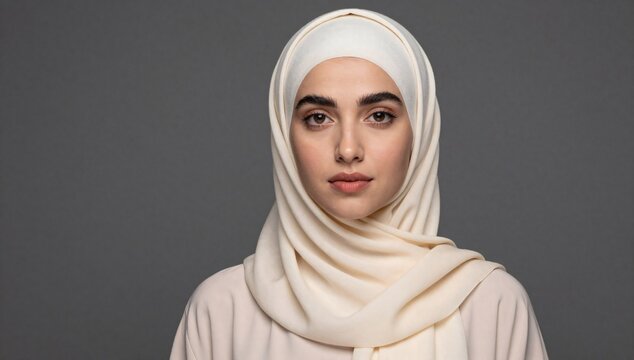 Portrait of a young woman with brown eyes wearing a cream hijab in a studio shot