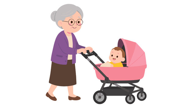 Elderly woman pushing baby stroller with smiling infant illustration