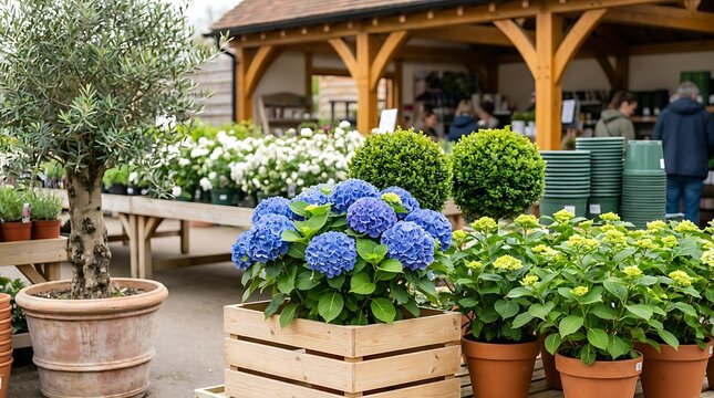 Blue hydrangea plant in wooden crate at local garden center with green shrub balls and white flowering bushes on back tables for sale during bright spring season at nursery.