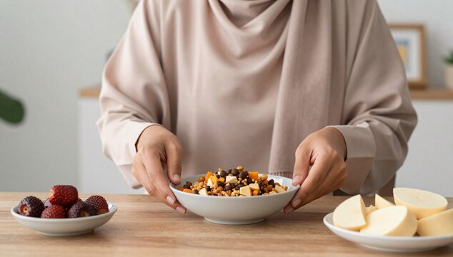 Woman in hijab preparing a trail mix snack with fresh fruit at home on the table