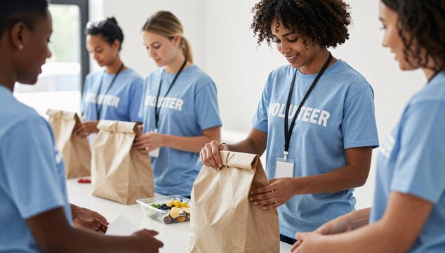 Diverse group of volunteers prepares lunch bags in a bright indoor setting