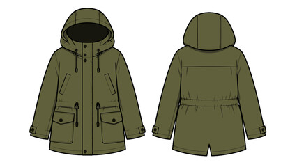 Front and back view of olive hooded parka jacket vector © Andrei