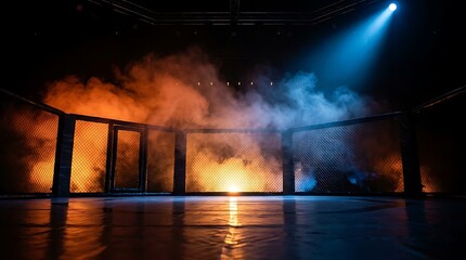 Empty octagon fighting cage filled with dramatic orange and blue smoke and lighting effects on dark background with reflections on wet floor spotlight illuminates arena.