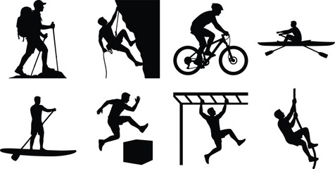 Fototapeta premium Outdoor Adventure Sports Silhouette Collection with Hiking Climbing Cycling and Water Activities Vector Set