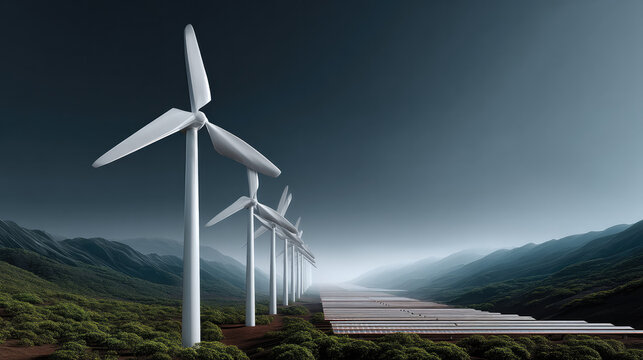 Side view of modern wind turbine, solar panel, mountain landscape, clean energy, green technology, dramatic sky