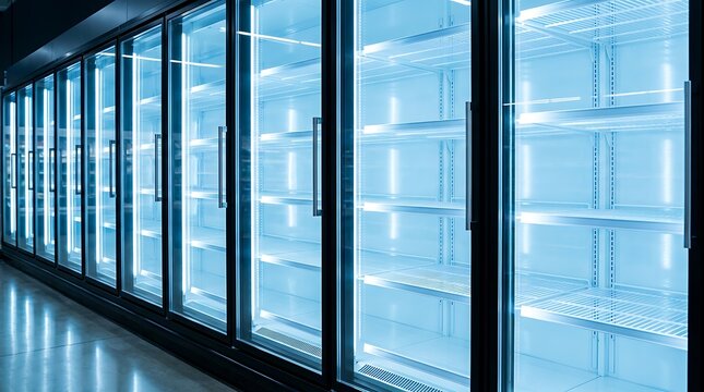 Many bright glass doors of empty commercial refrigerators in store with blue internal lighting showing shelves for food.