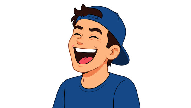 Laughing young man in blue cap cartoon vector portrait