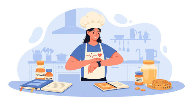 Woman Chef Checking Smartwatch in Kitchen Setting.
