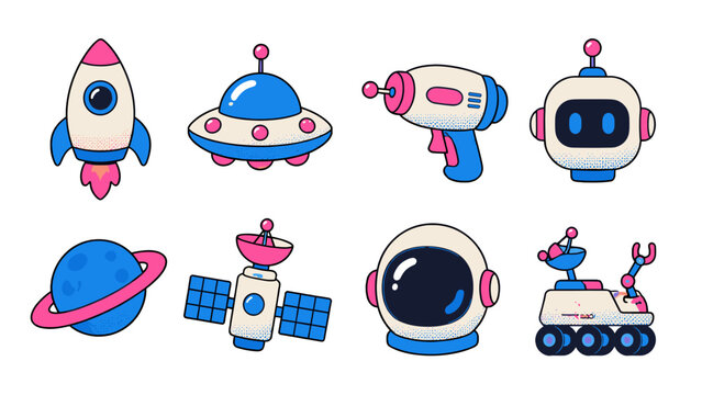 Cute cartoon space technology icon set with robots and rocket