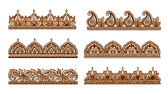 Set of ornamental floral border patterns in brown line art