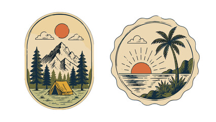 Obraz premium Vintage style vector badges with mountain camp and tropical sunset