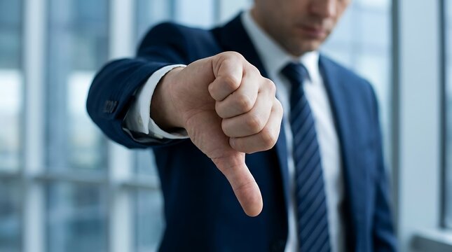 Unhappy businessman giving thumbs down gesture, representing disapproval failure or bad news, professional decision showing negative feedback, office background indoor setting.