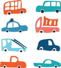 Cute hand drawn toy cars and kids transport vector set in doodle style.  © Ольга Ломонос