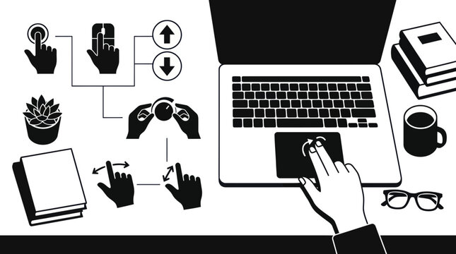 Hand using laptop trackpad with various multi touch gestures