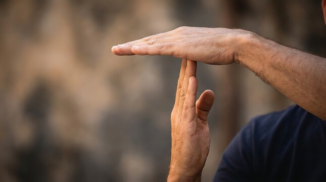 Man showing timeout gesture with hands against blurred background for sports or business situation concept expressing pause break wait stop interruption action by human male person arms.
