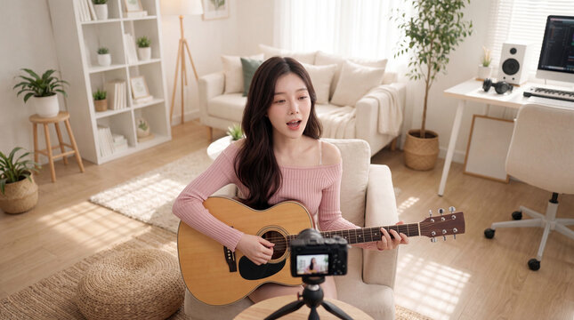 Asian woman playing an acoustic guitar while recording music content with a digital camera in a home studio for online media creation.