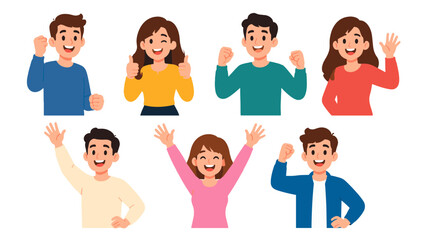 Set of happy cartoon people waving and gesturing thumbs up © Andrei