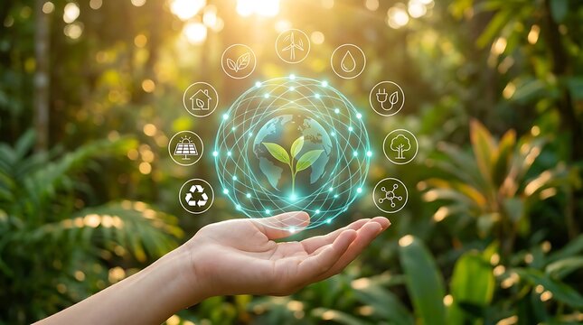 Human hand holding glowing earth globe with green plant sapling surrounded by environmental energy icons illustrating sustainable development and ecological responsibility future concept.