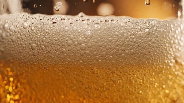 Close up golden beer foam with carbonated bubbles in glass under warm studio lighting for refreshing drink concept