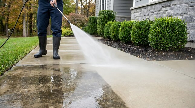 Man power washing concrete sidewalk in front of residential home with green landscaping, cleaning debris and grime for improved curb appeal.