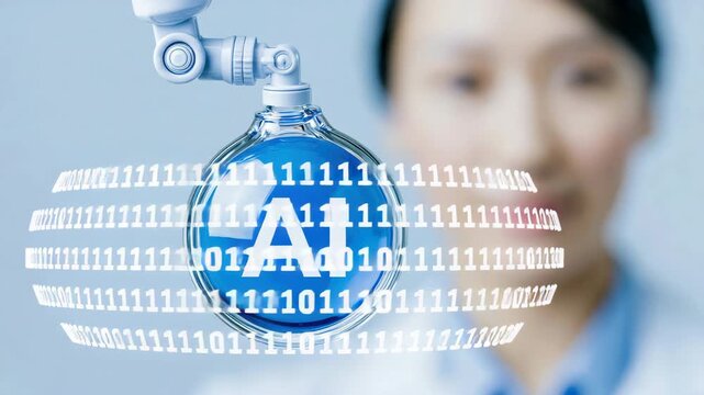 Slow zoom tracking of robotic arm holding ai orb displaying rotating binary data in clinical medical lab with blurred clinician background