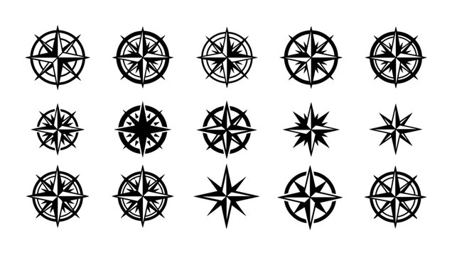 Compass Rose Navigation Icon Collection Set of Fifteen Vintage Nautical Directional Symbols