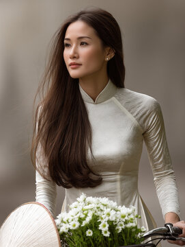 Elegant Vietnamese woman long hair white ao dai traditional dress holding bicycle with daisy bouquet and conical hat, serene outdoor portrait