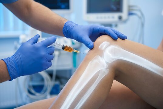 Doctor administering intra-articular knee joint injection for arthritis pain management treatment in modern clinical setting with digital skeleton overlay visualization on patient limb.