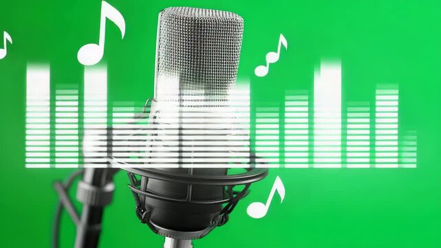 Tracking shot of studio condenser microphone with audio visualizer overlay on green screen background