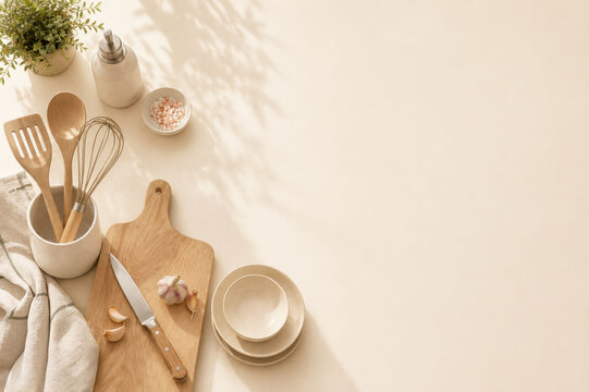 Elegant kitchen flat lay with wooden cutting board, ceramic bowls, linen towel, olive oil, herbs and cooking utensils on warm cream background with copy space for food branding and culinary marketing