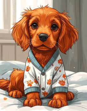 A digital illustration of a cute puppy wearing pajamas on a bed