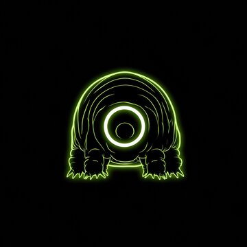 Tardigrade water bear is shown with a glowing mouth and legs in a vibrant lime green color on a dark black background.