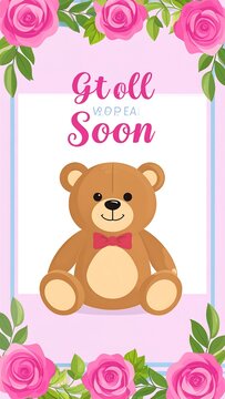 A digital illustration of a cute teddy bear with a pink bow on a white and pink background