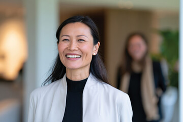 Obraz premium A radiant woman with long dark hair smiles warmly while standing in a contemporary office setting, exuding confidence and positivity amidst a professional ambience.