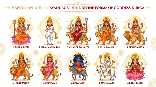 Nine Divine Forms of Goddess Durga Navadurga Illustration for Happy Navratri Festival Educational Poster Design