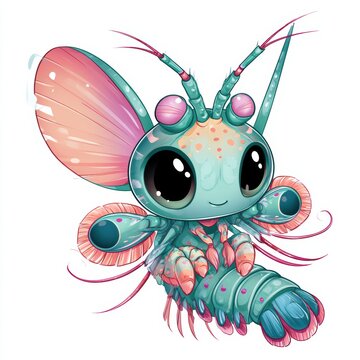 A chibi peacock mantis shrimp smiles with oversized eyes and a tiny body. It features pastel teal and pink colors, set against a white background.