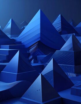A digital artwork featuring a cluster of blue pyramid shapes