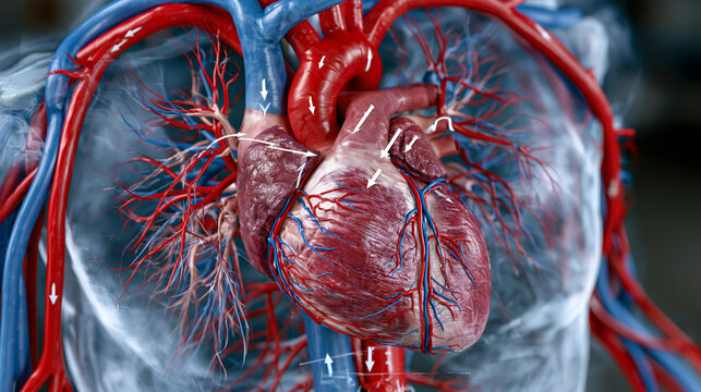 Human circulatory system anatomy label diagram showing heart chambers, aortic arch, pulmonary vessels, carotid arteries, subclavian branches, abdominal aorta, iliac bifurcation, and femoral vessels 
