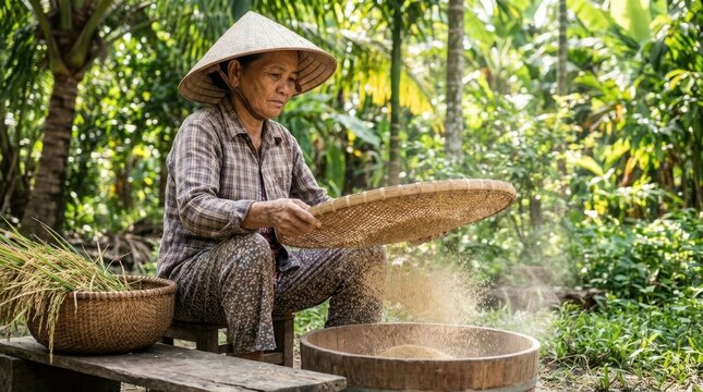 Woman in traditional hat sifting rice in a rural setting, agricultural work.