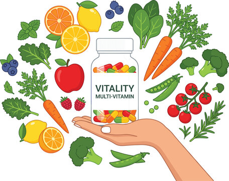 Hand holding multivitamin bottle vector illustration, healthy capsule supplement food and organic vegetable background.