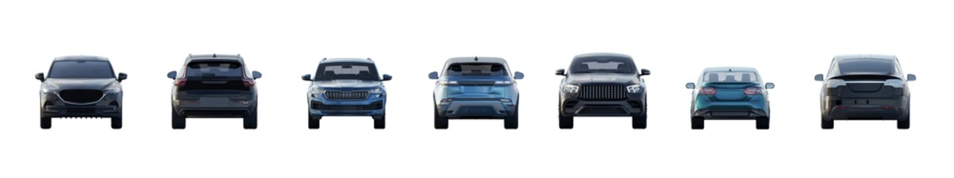 front and back view of unbranded modern cars in daylight lighting isolated png on a transparent background premium cutout (car elevation set, vehicle cutouts for architecture)