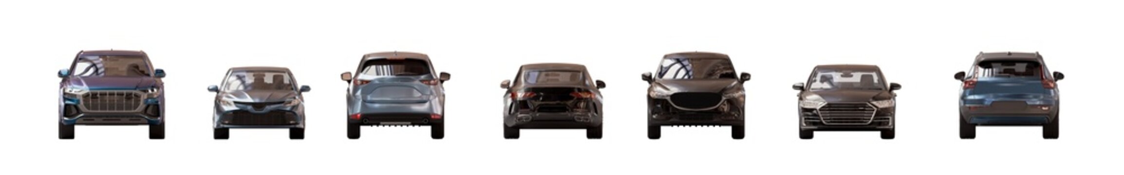 front and back view of unbranded modern cars in parking lot lighting isolated png on a transparent background premium cutout (car cutouts, vehicle assets)