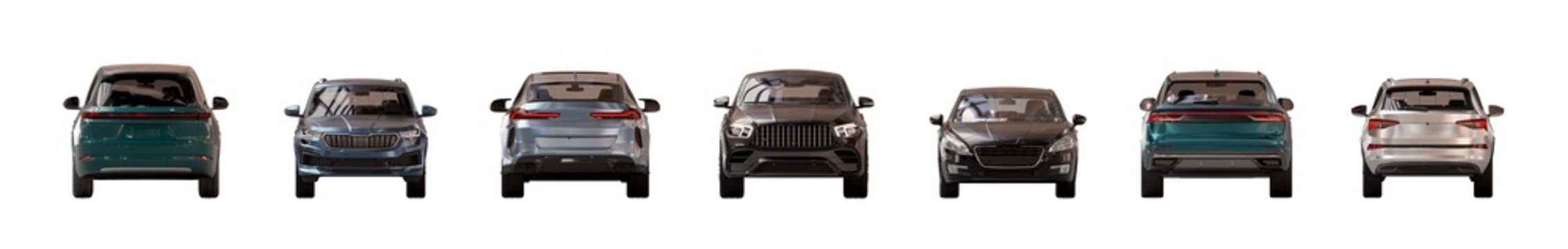 front and back view of unbranded modern cars in parking lot lighting isolated png on a transparent background premium cutout (car cutouts, vehicle assets)