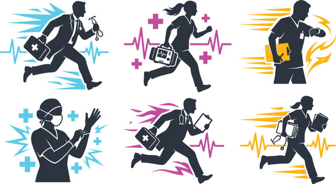 Emergency medical workers silhouette set, running doctors and nurses icons for healthcare speed concept.