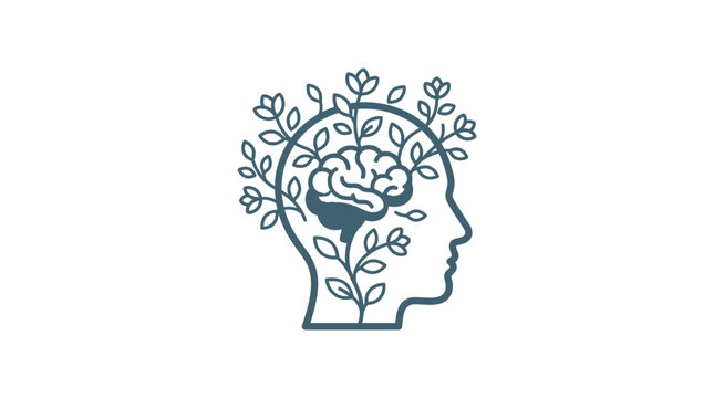Line art illustration of a human head profile with a brain and growing plants.