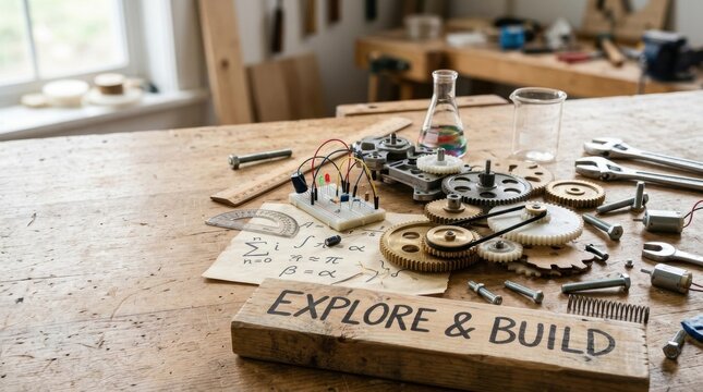 STEM educational learning kit on a rustic wooden workbench with mechanical gears, electronic breadboard circuits, mathematical formulas, laboratory glassware, and various engineering tools.