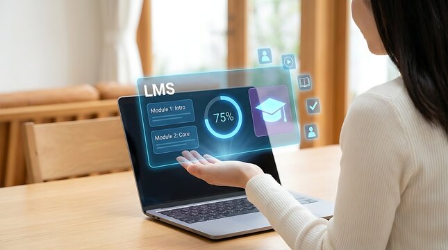 Woman using laptop with interactive holographic interface displaying learning management system features modules and 75% progress for educational courses.