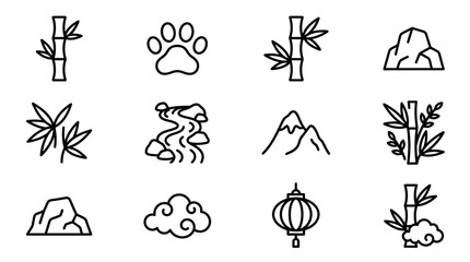 Set of Asian Nature Icons: Bamboo, Mountains, Clouds, Lantern, River, Paw Print © 50mas